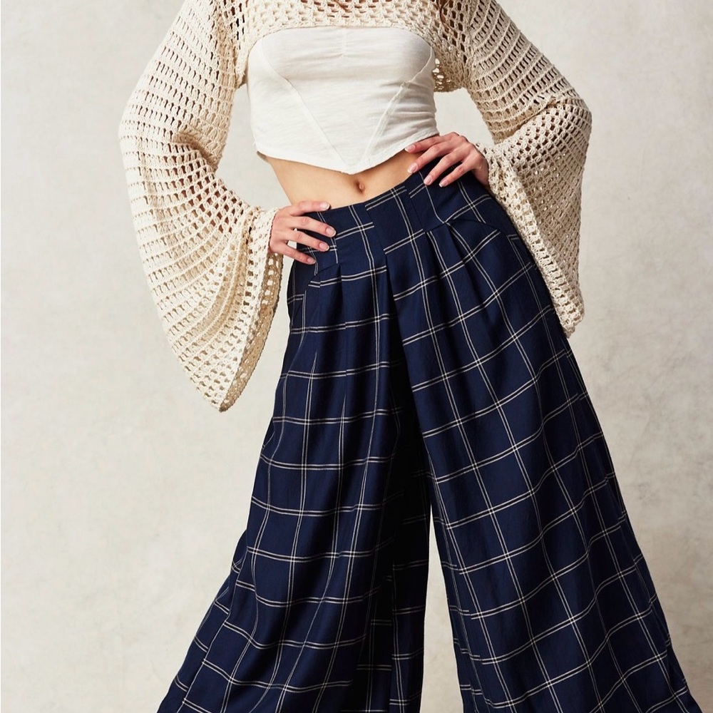 Free People Navy Plaid Wide-Leg Pants